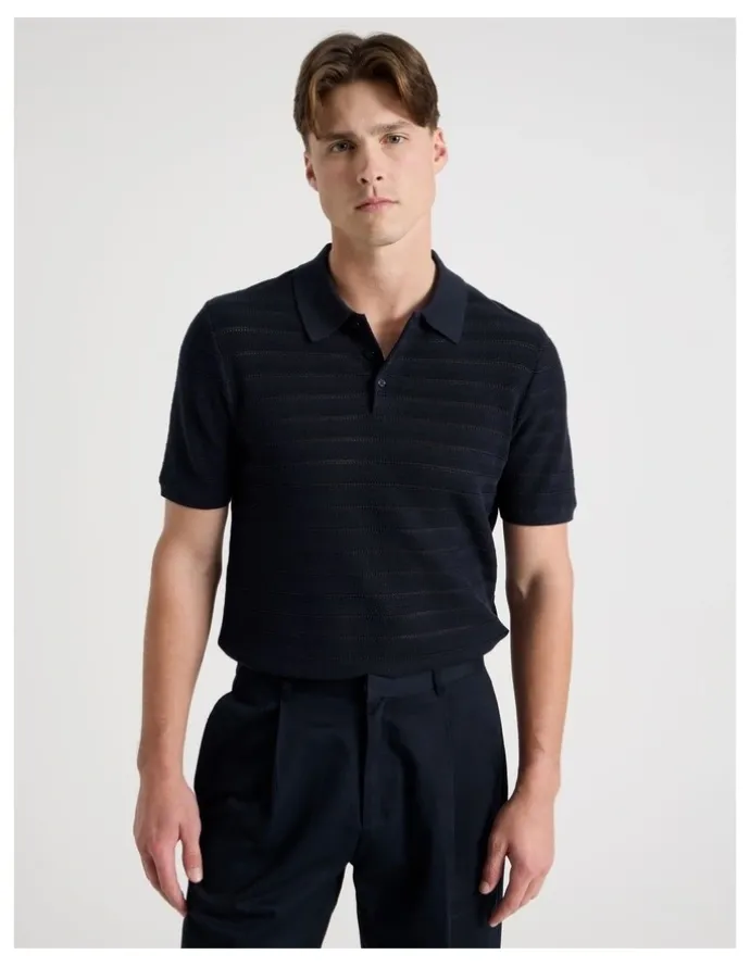 Blaq Textured Knit Short Sleeve Polo in Navy