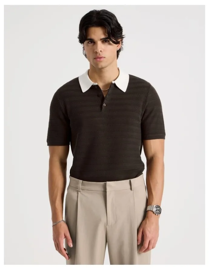 Blaq Textured Knit Short Sleeve Polo in Chocolate