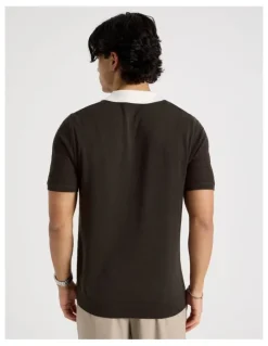 Blaq Textured Knit Short Sleeve Polo in Chocolate