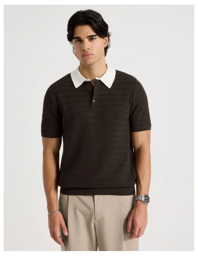 Blaq Textured Knit Short Sleeve Polo in Chocolate