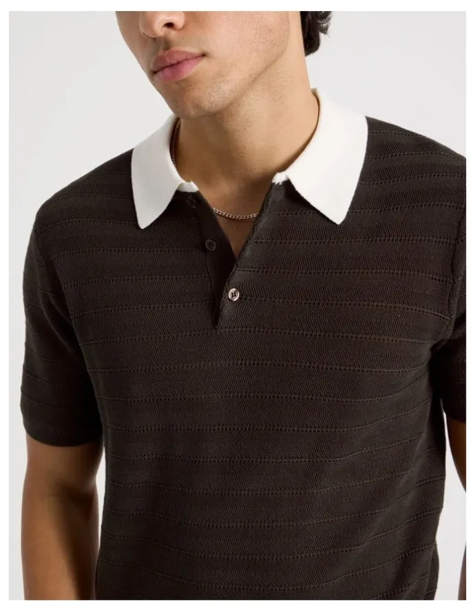 Blaq Textured Knit Short Sleeve Polo in Chocolate