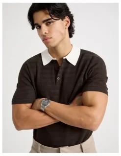 Blaq Textured Knit Short Sleeve Polo in Chocolate