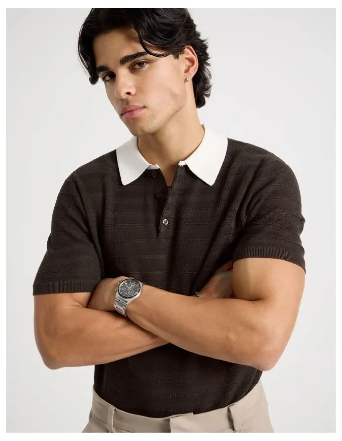Blaq Textured Knit Short Sleeve Polo in Chocolate