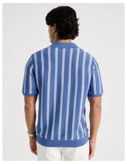 Blaq Textured Stripe Open Collar Polo in Blue
