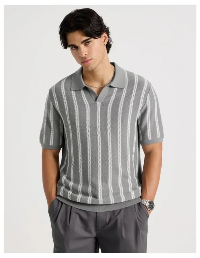 Blaq Textured Stripe Open Collar Polo in Grey