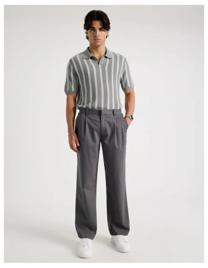 Blaq Textured Stripe Open Collar Polo in Grey