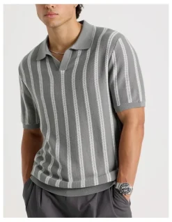 Blaq Textured Stripe Open Collar Polo in Grey