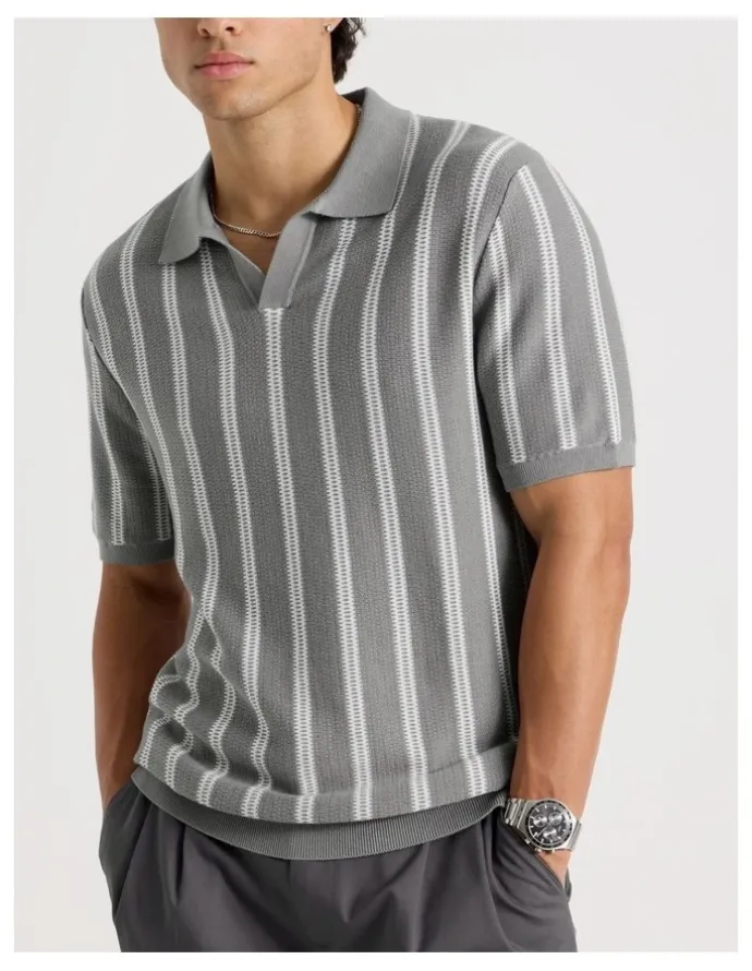 Blaq Textured Stripe Open Collar Polo in Grey