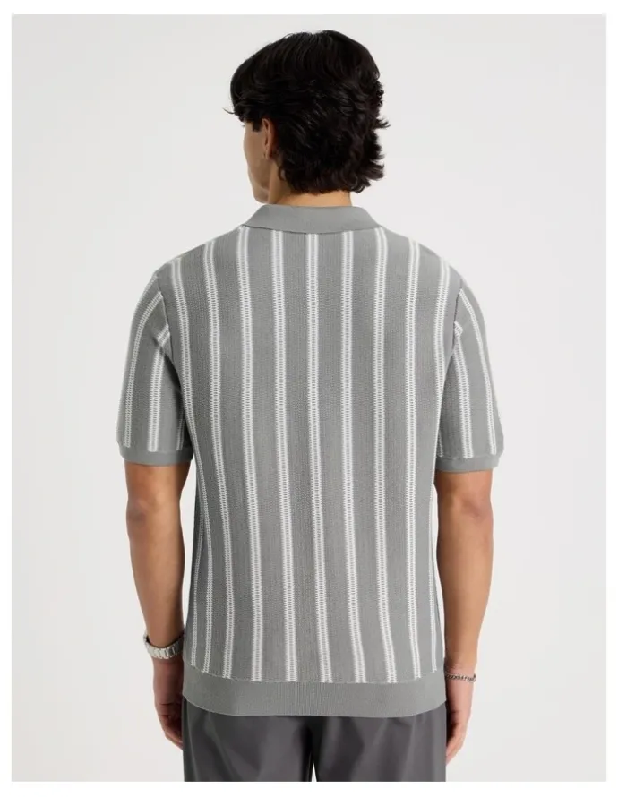 Blaq Textured Stripe Open Collar Polo in Grey