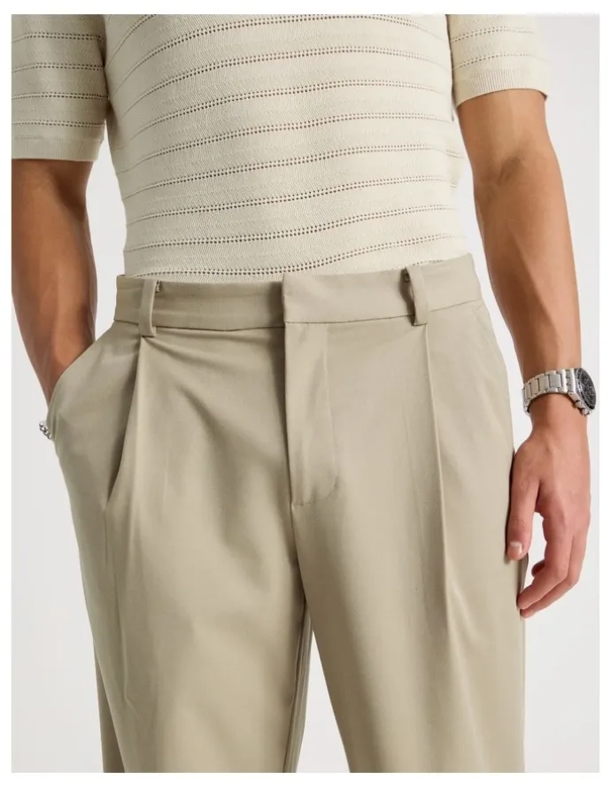 Blaq Wide Leg Pleated Trousers in Beige