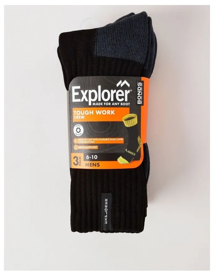 Bonds Explorer Mens Tough Work Socks 3 Pack in Black