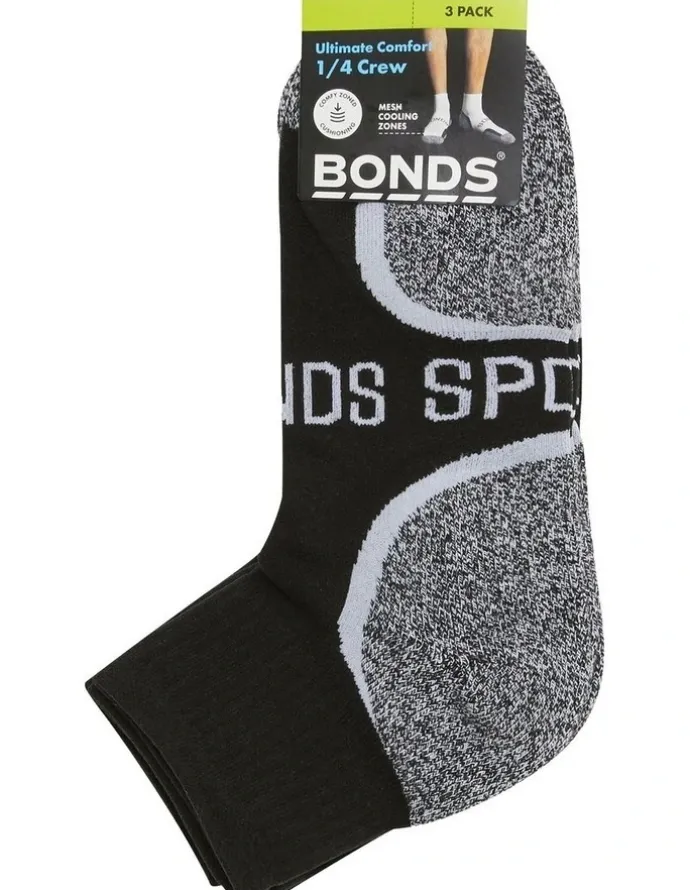 Bonds Ultimate Comfort Socks 1/4 Crew 3 Pack in Black