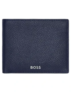 Boss Classic Grained Trifold Leather Wallet in Navy