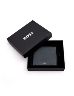 Boss Classic Grained Trifold Leather Wallet in Navy