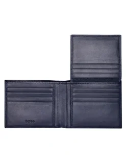 Boss Classic Grained Trifold Leather Wallet in Navy