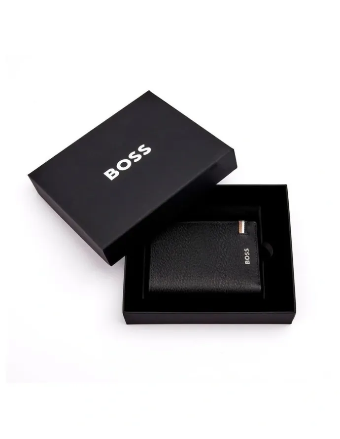 Boss Leather Card Holder Trifold Iconic Wallet in Black