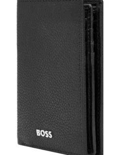 Boss Leather Card Holder Trifold Grained Wallet in Black
