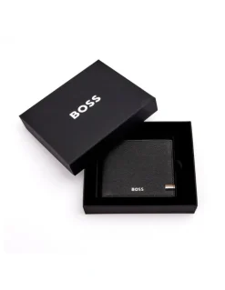 Boss Leather Trifold Wallet With Flap in Iconic Black