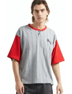 BRIXTON Boxy Baseball 1/2 Sleeve Tee in Heather Grey/Adrenaline Rush