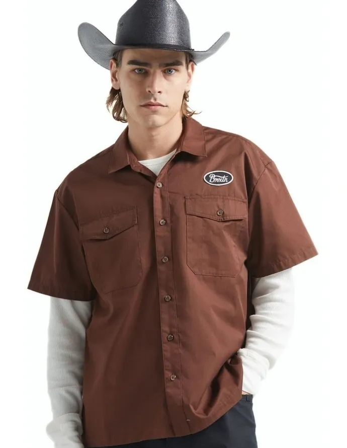 BRIXTON Builders Olson Short Sleeve Shirt in Chocolate