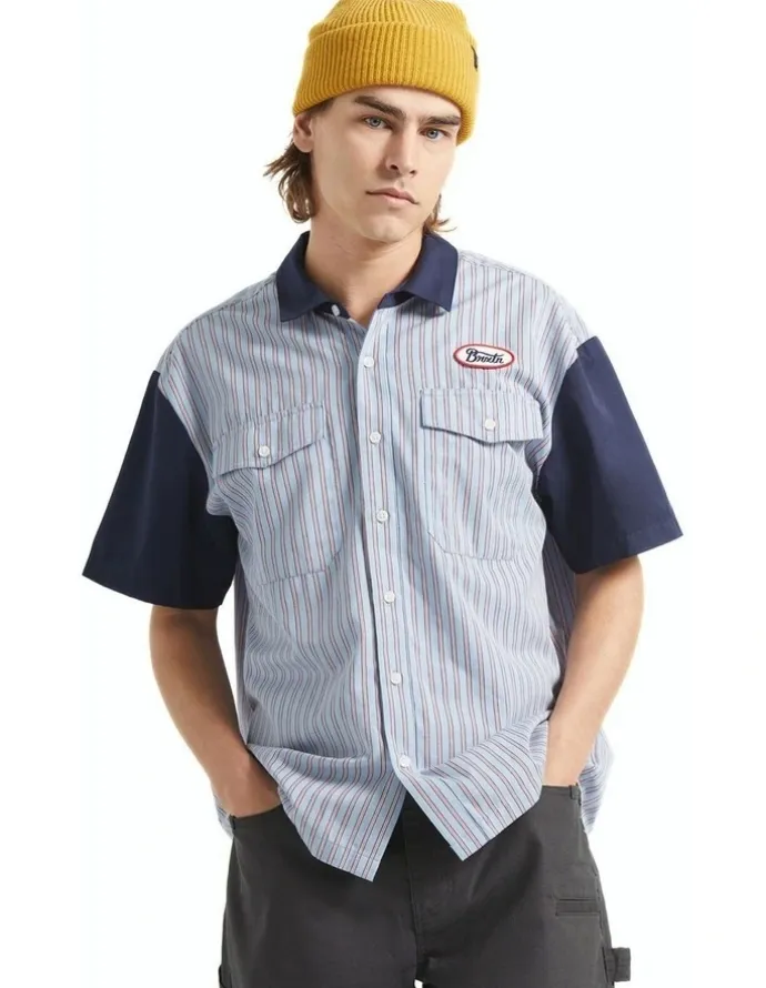 BRIXTON Builders Olson Short Sleeve in Blue Aura Stripe