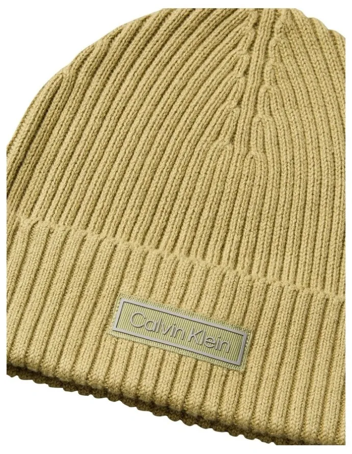 Calvin Klein Patch Chunky Rib Cotton Beanie in Hat Cedar