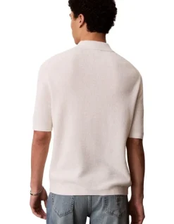 Calvin Klein Cotton Waffle Short Sleeve Polo Shirt in Cream