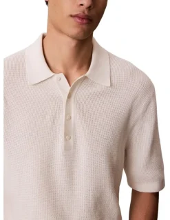 Calvin Klein Cotton Waffle Short Sleeve Polo Shirt in Cream