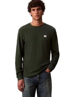 Calvin Klein Jeans Badge Waffle Long Sleeves Tee in Green