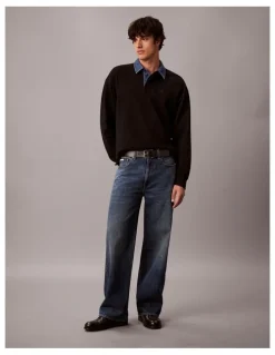 Calvin Klein Jeans Long Sleeve Relaxed Casual Pique Denim Collar Rugby