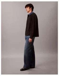 Calvin Klein Jeans Long Sleeve Relaxed Casual Pique Denim Collar Rugby