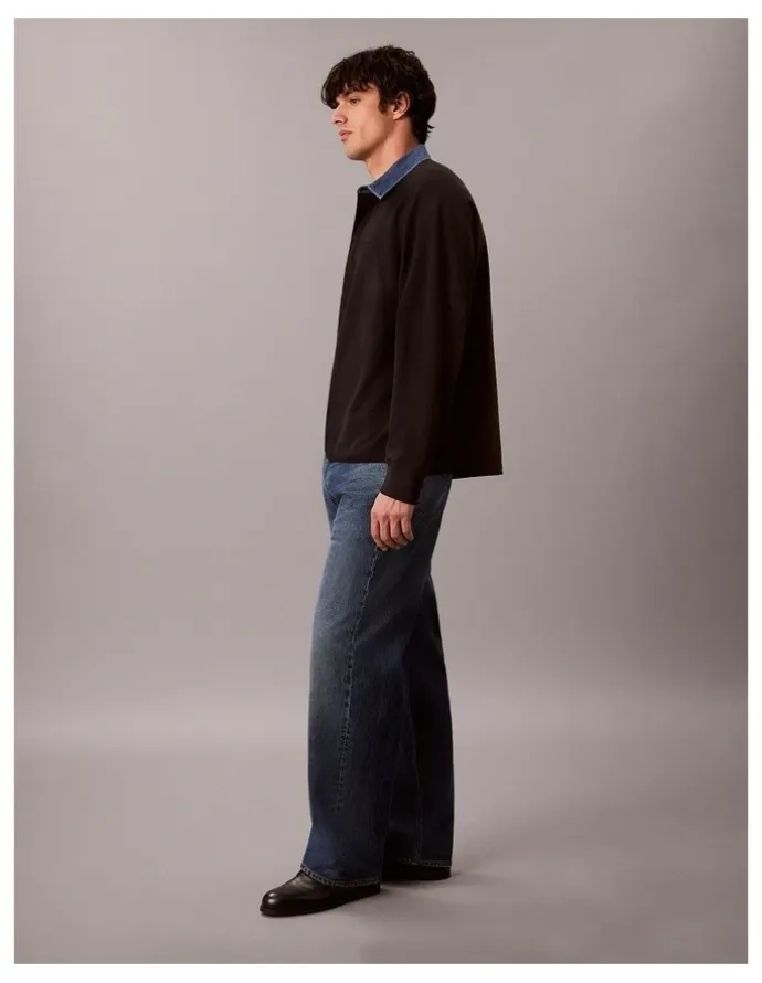 Calvin Klein Jeans Long Sleeve Relaxed Casual Pique Denim Collar Rugby