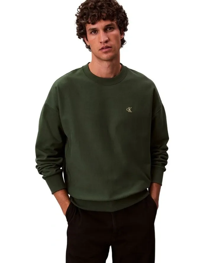 Calvin Klein Jeans Premium Terry Monogram Crew Neck Sweatshirt in Green