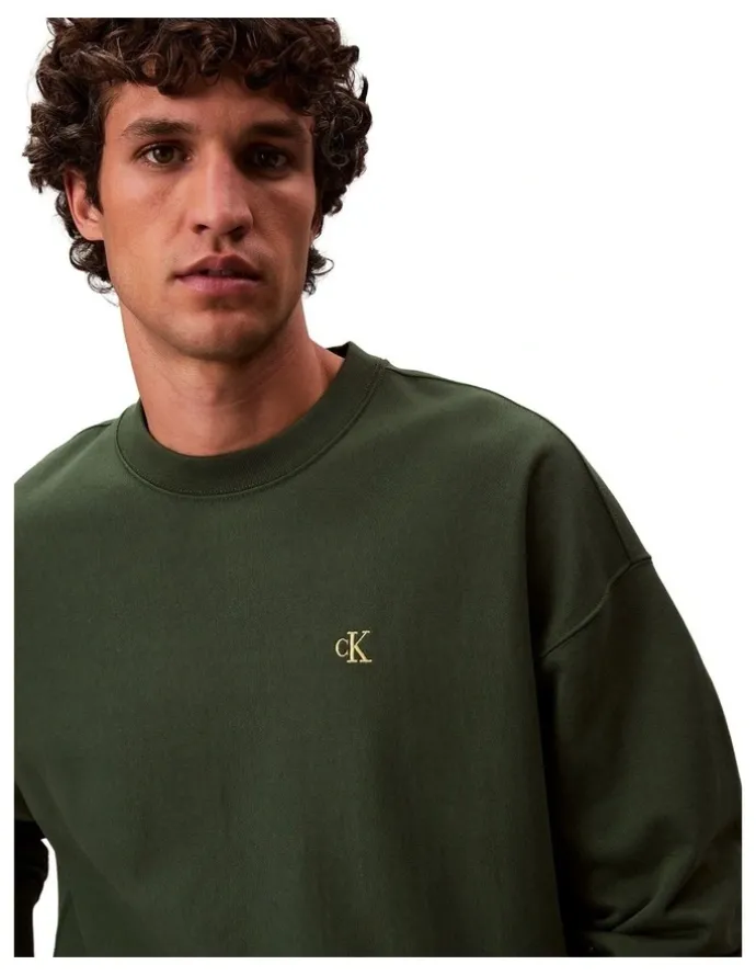 Calvin Klein Jeans Premium Terry Monogram Crew Neck Sweatshirt in Green