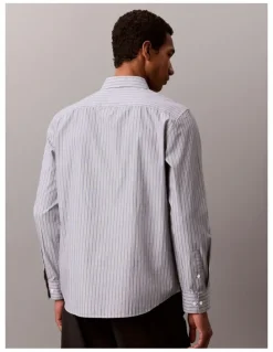 Calvin Klein Striped Washed Poplin Long Sleeve Shirt in Blue Nomad