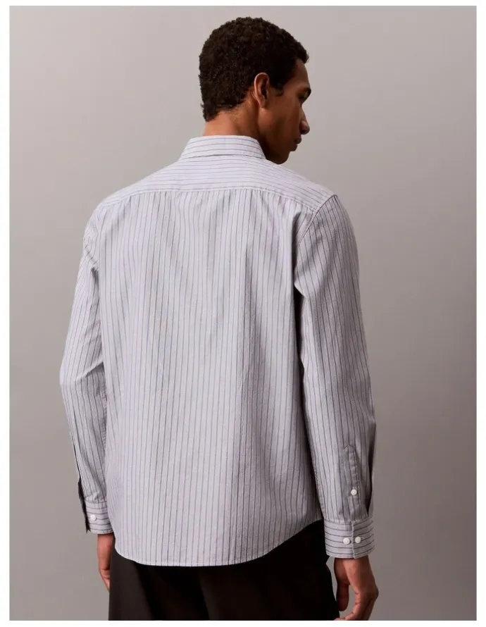 Calvin Klein Striped Washed Poplin Long Sleeve Shirt in Blue Nomad