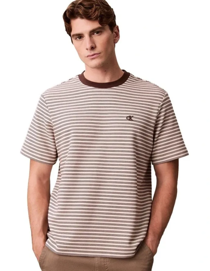Calvin Klein Stripe Ottoman Tee in Rich Brown
