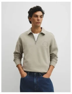 Country Road Australian Cotton Long Sleeve Folded Collar Sweat in Khaki Green