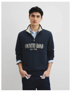 Country Road Australian Cotton Half Zip Heritage Sweat in Dark Navy Multi