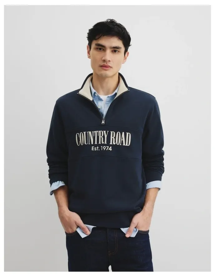 Country Road Australian Cotton Half Zip Heritage Sweat in Dark Navy Multi