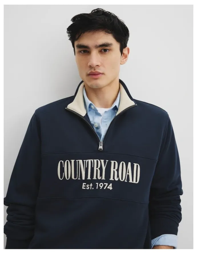 Country Road Australian Cotton Half Zip Heritage Sweat in Dark Navy Multi