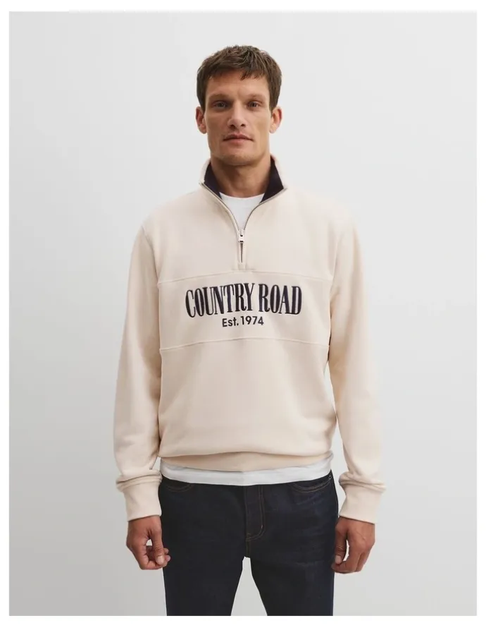 Country Road Australian Cotton Half Zip Heritage Sweat in Ecru