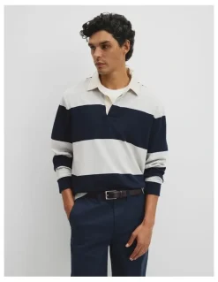 Country Road Australian Cotton Stripe Rugby Polo in Navy Stripe Lgm