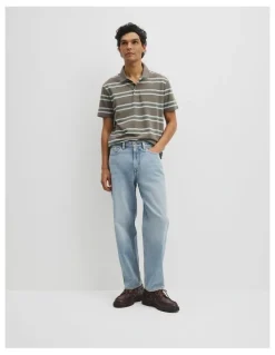 Country Road Australian Cotton Stripe Pique Polo in Dried Sage