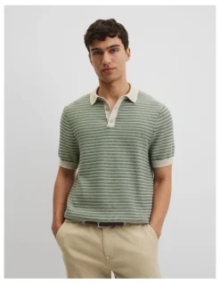 Country Road Australian Cotton Textured Knit Polo in Field Green