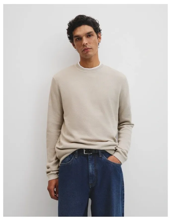 Country Road Australian Good Earth Cotton Pique Crew Neck Knit in Chalk Marle