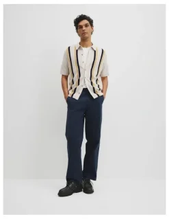 Country Road Australian Good Earth Cotton Textured Stripe Knit Shirt in White Multi