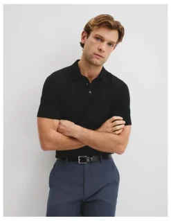 Country Road Australian Merino Short Sleeve Button Knit Polo in Black