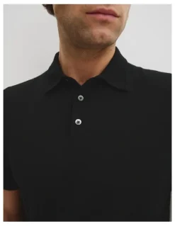 Country Road Australian Merino Short Sleeve Button Knit Polo in Black