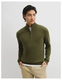 Country Road Good Earth Cotton Half Zip Knit in Wattle Green